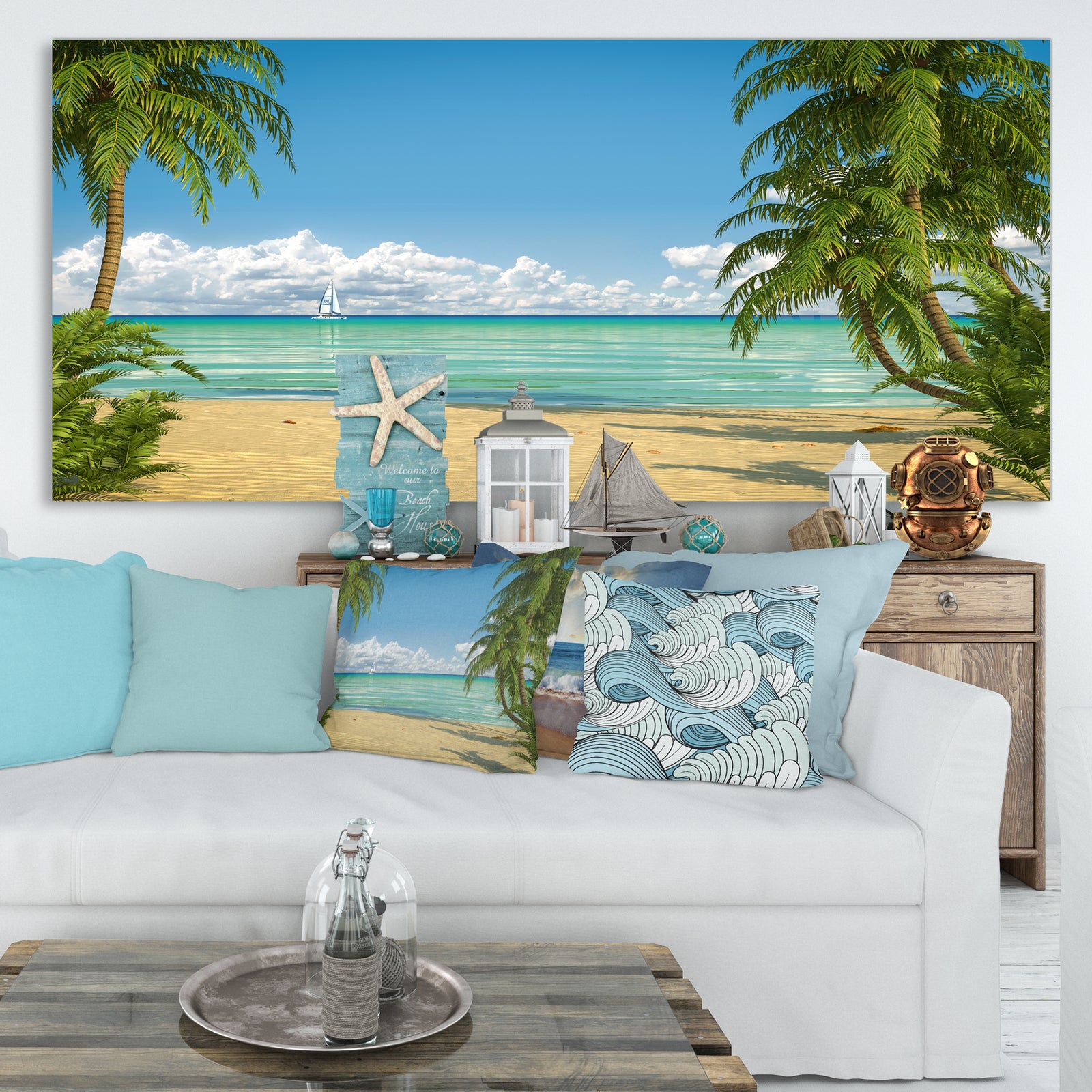 Palms at Caribbean Beach - Seashore Photo Canvas Art Print