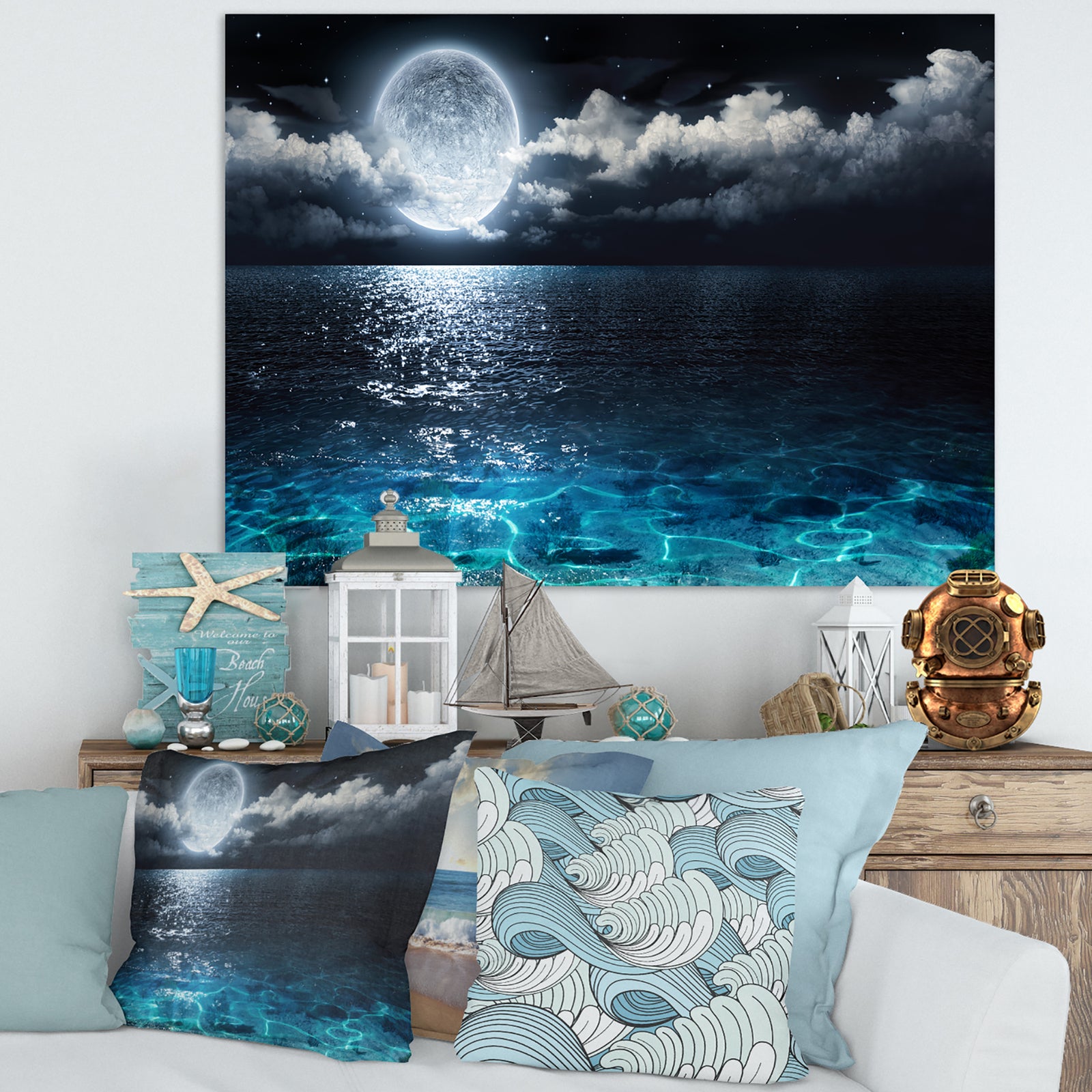 Romantic Full Moon Over Sea - Seascape Canvas Art Print