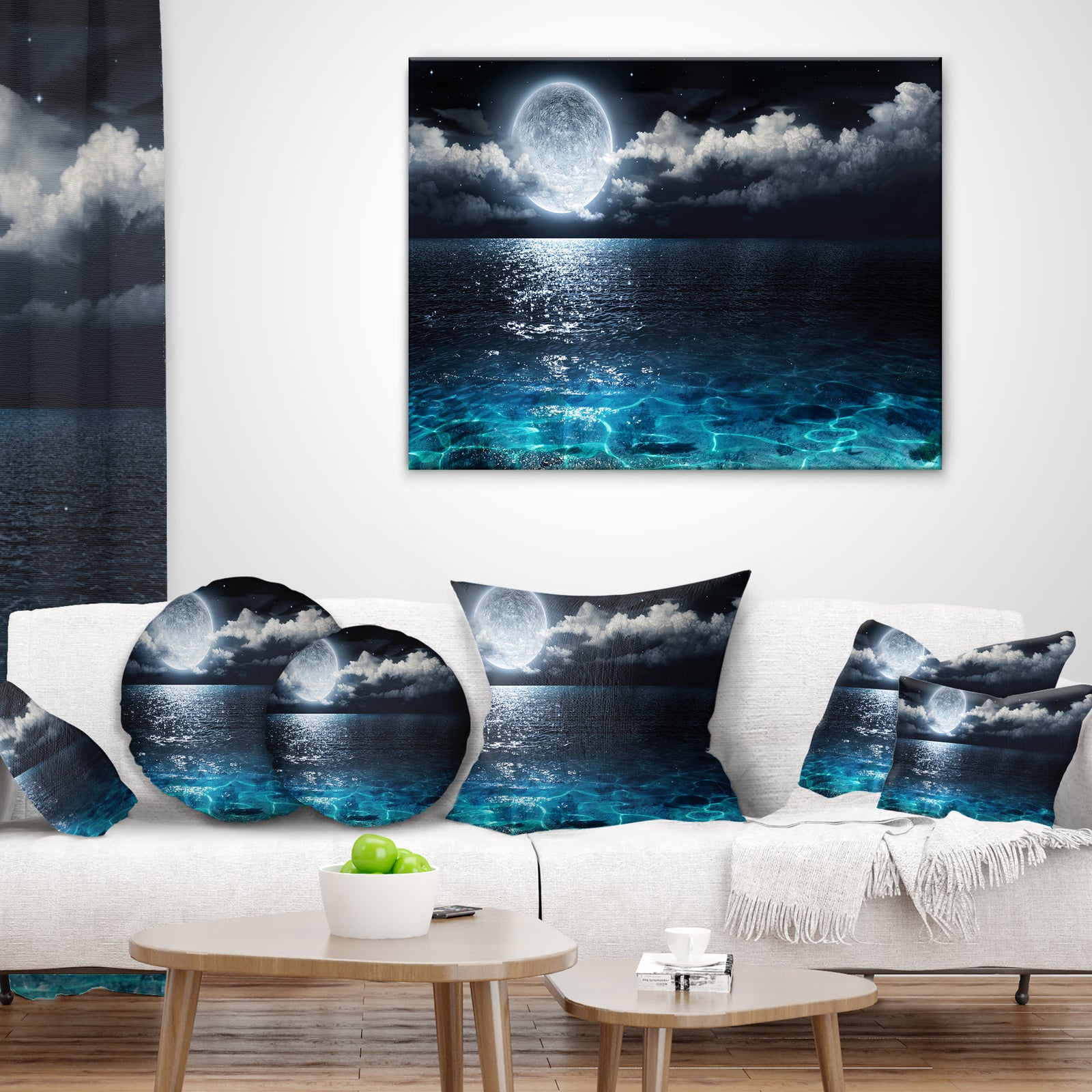 Romantic Full Moon Over Sea - Seascape Canvas Art Print