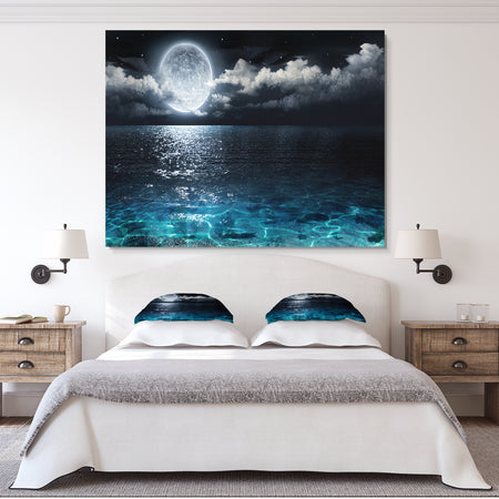 Romantic Full Moon Over Sea - Seascape Canvas Art Print
