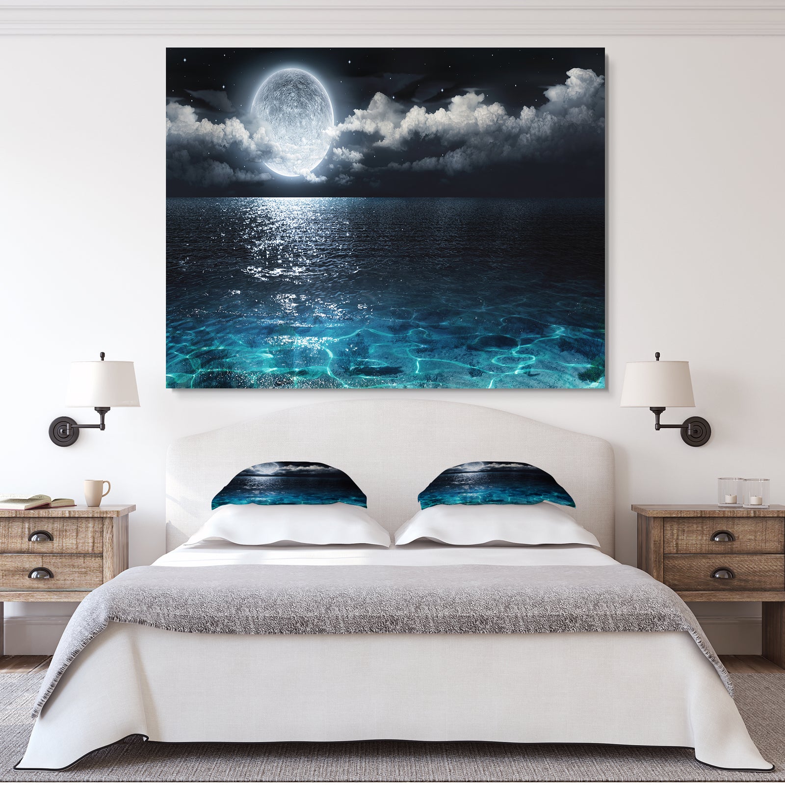 Romantic Full Moon Over Sea - Seascape Canvas Art Print