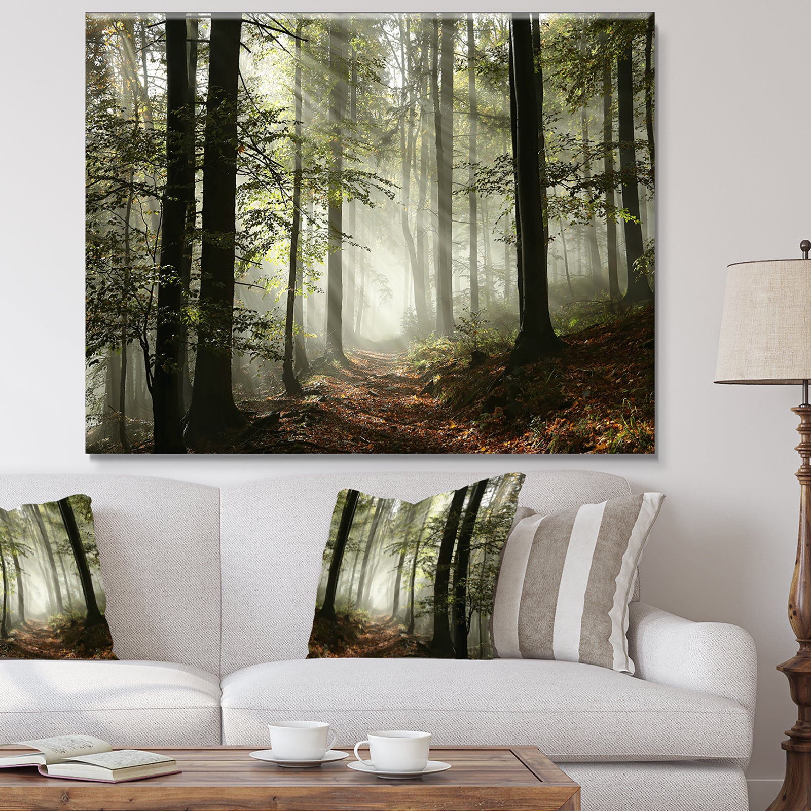 Light in Dense Fall Forest with Fog - Landscape Art Print Canvas