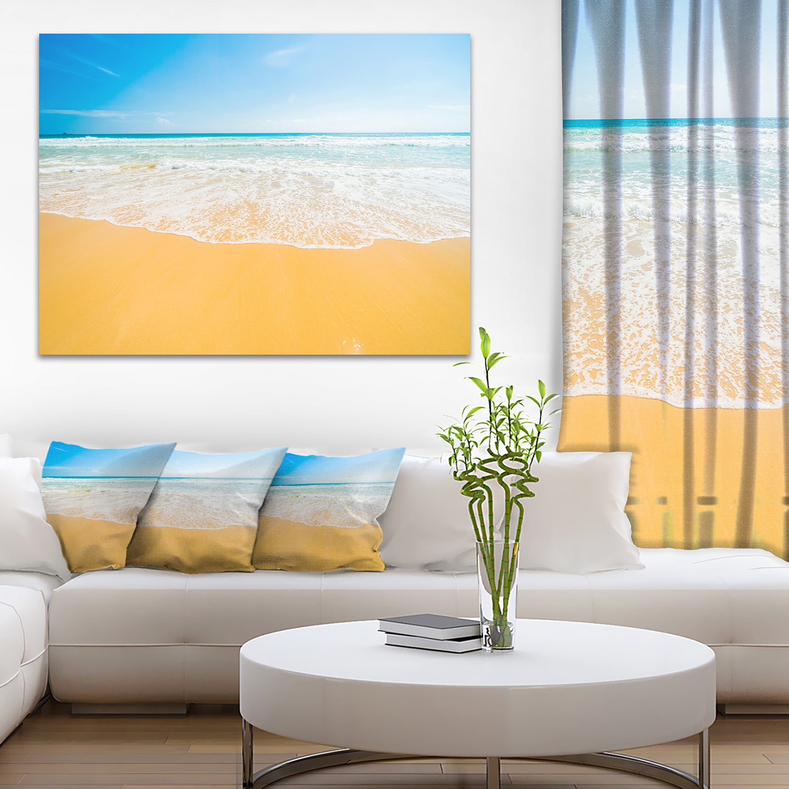Long Waves on Sand under Blue Sky - Seashore Canvas Wall Artwork