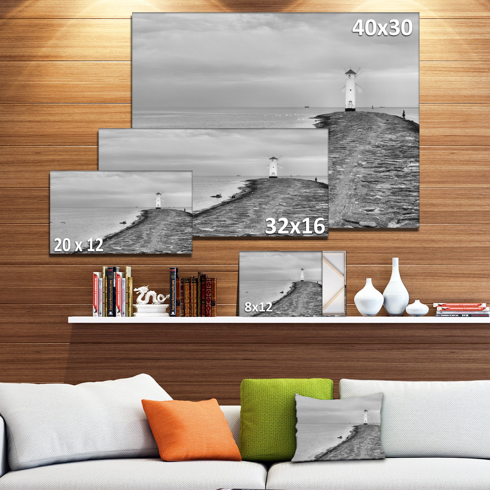 Lighthouse Windmill Stawa Mlyny in Grey - Seashore Canvas Wall Artwork