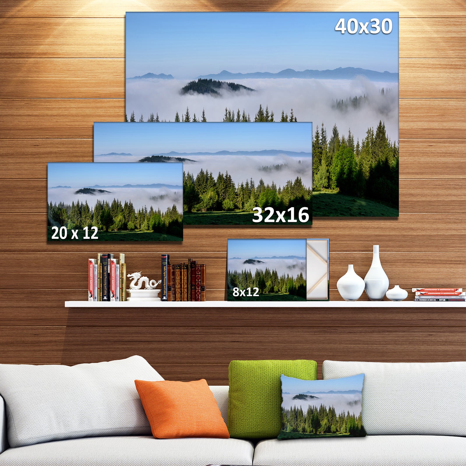 Green Trees and Fog Over Mountains - Landscape Art Print Canvas