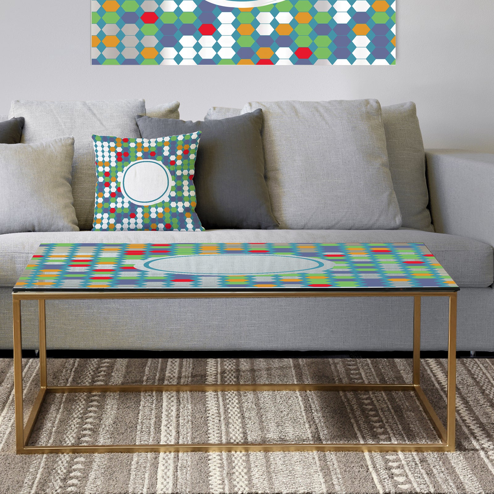 Colored Hexagons On Blue - Metal Modern Coffee Table