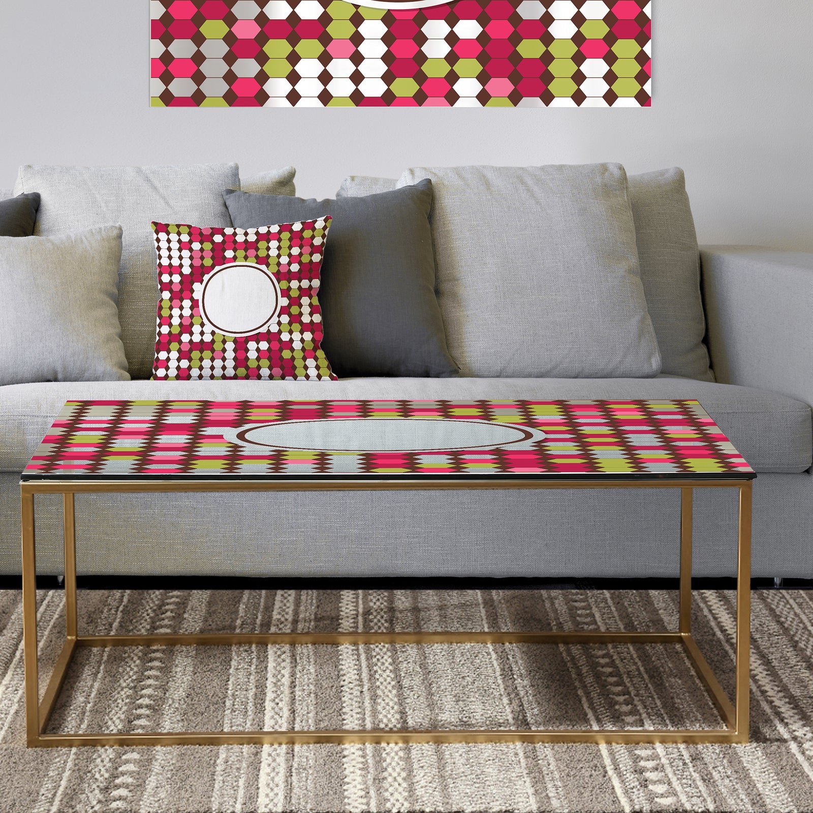 Pink and Green Hexagons - Metal Modern Coffee Table