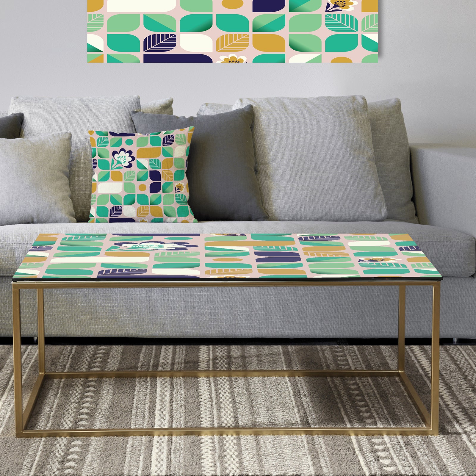 geometric pattern with leaves and flowers - Metal Glam Coffee Table