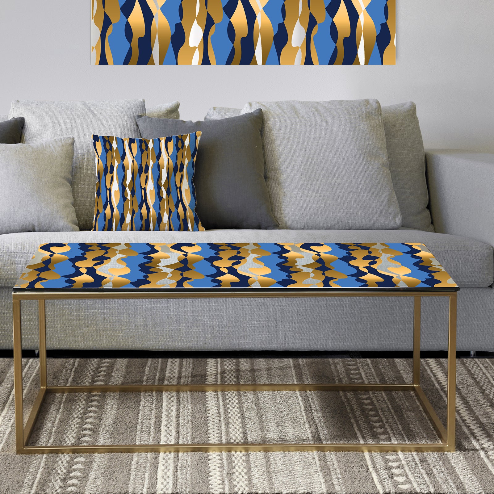 Retro Luxury Waves In Gold and Blue I - Metal Glam Coffee Table