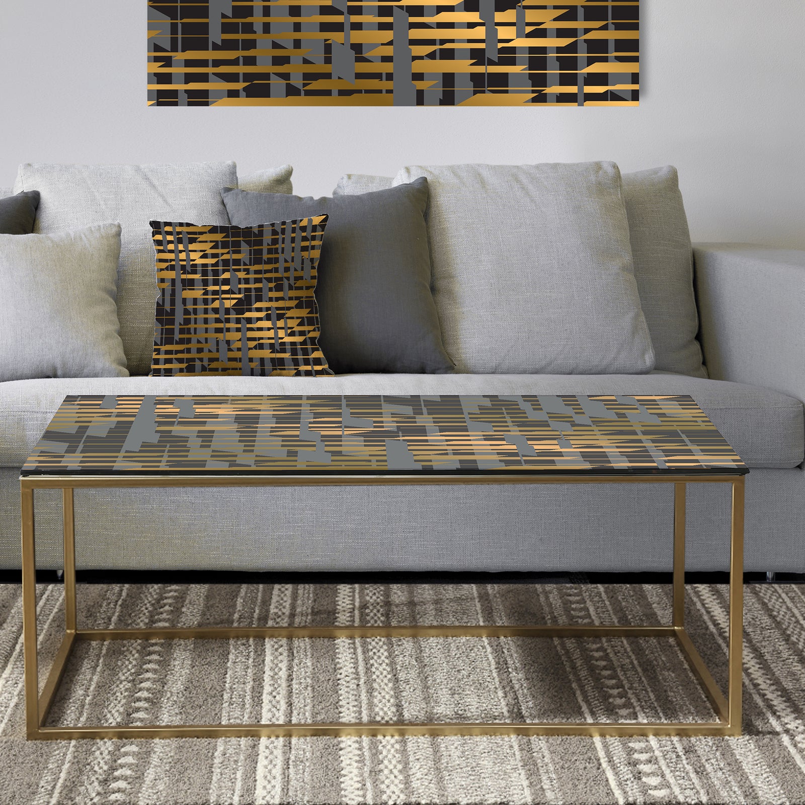 Gold Checkered Pattern I - Metal Glam Coffee Table