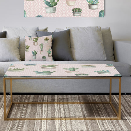 Potted Cactus on Pink Geometrical Pattern - Metal Traditional Coffee Table