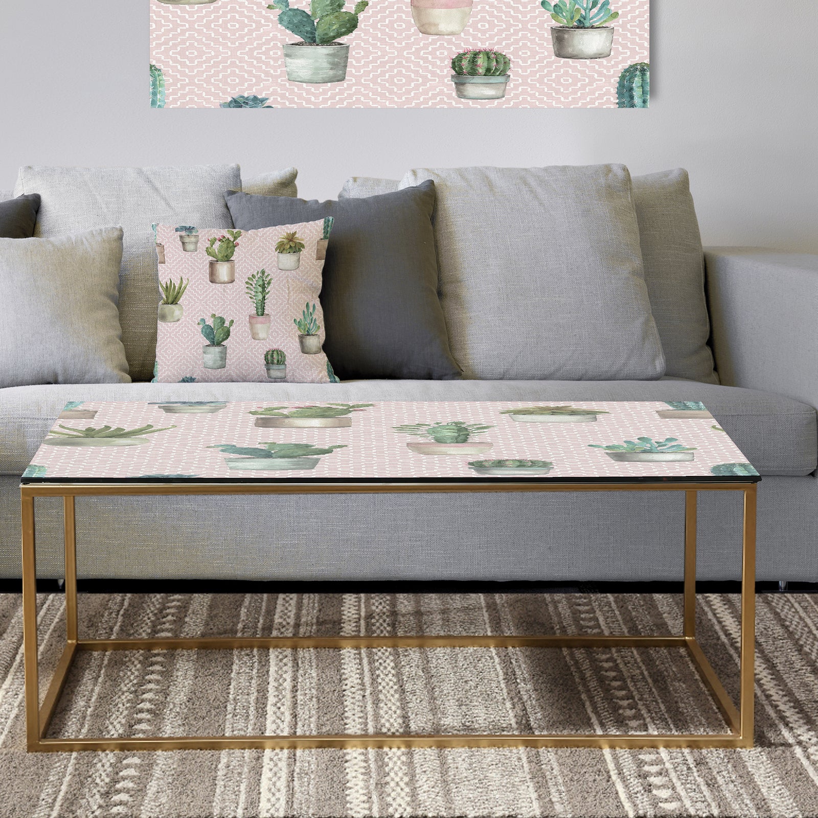 Potted Cactus on Pink Geometrical Pattern - Metal Traditional Coffee Table