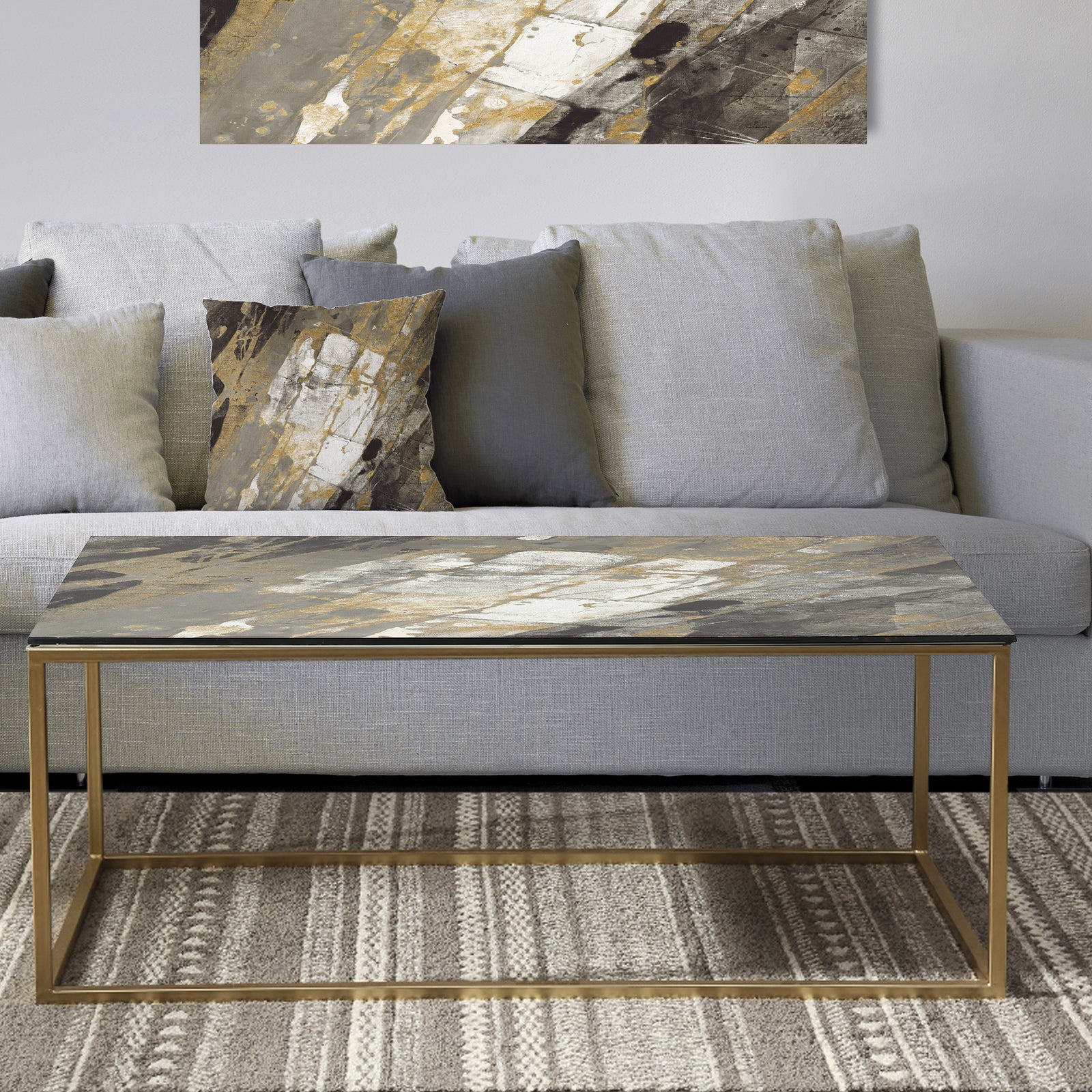 Gold, Black and White Hanpainted Abstract - Metal Traditional Coffee Table