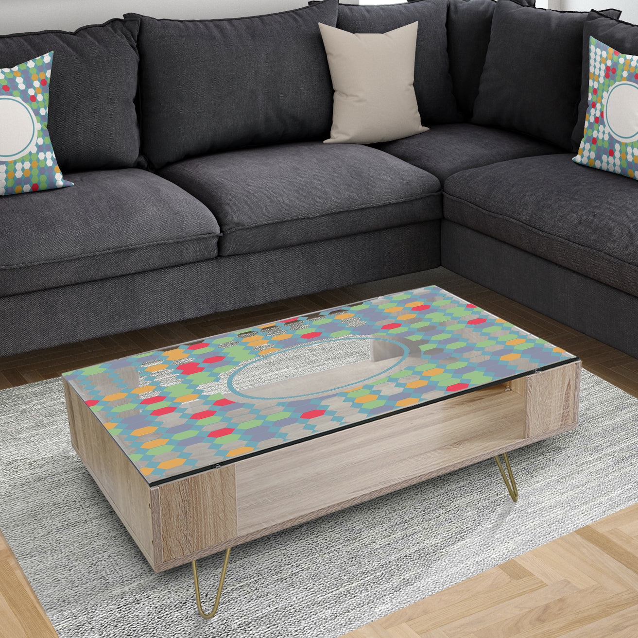 Colored Hexagons On Blue - Modern Coffee Table