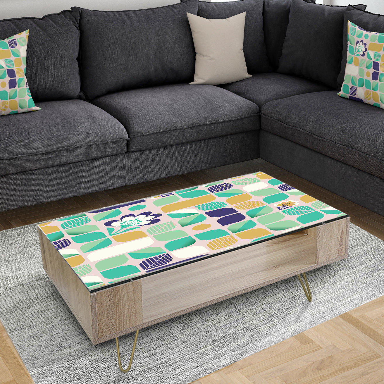 geometric pattern with leaves and flowers - Glam Coffee Table