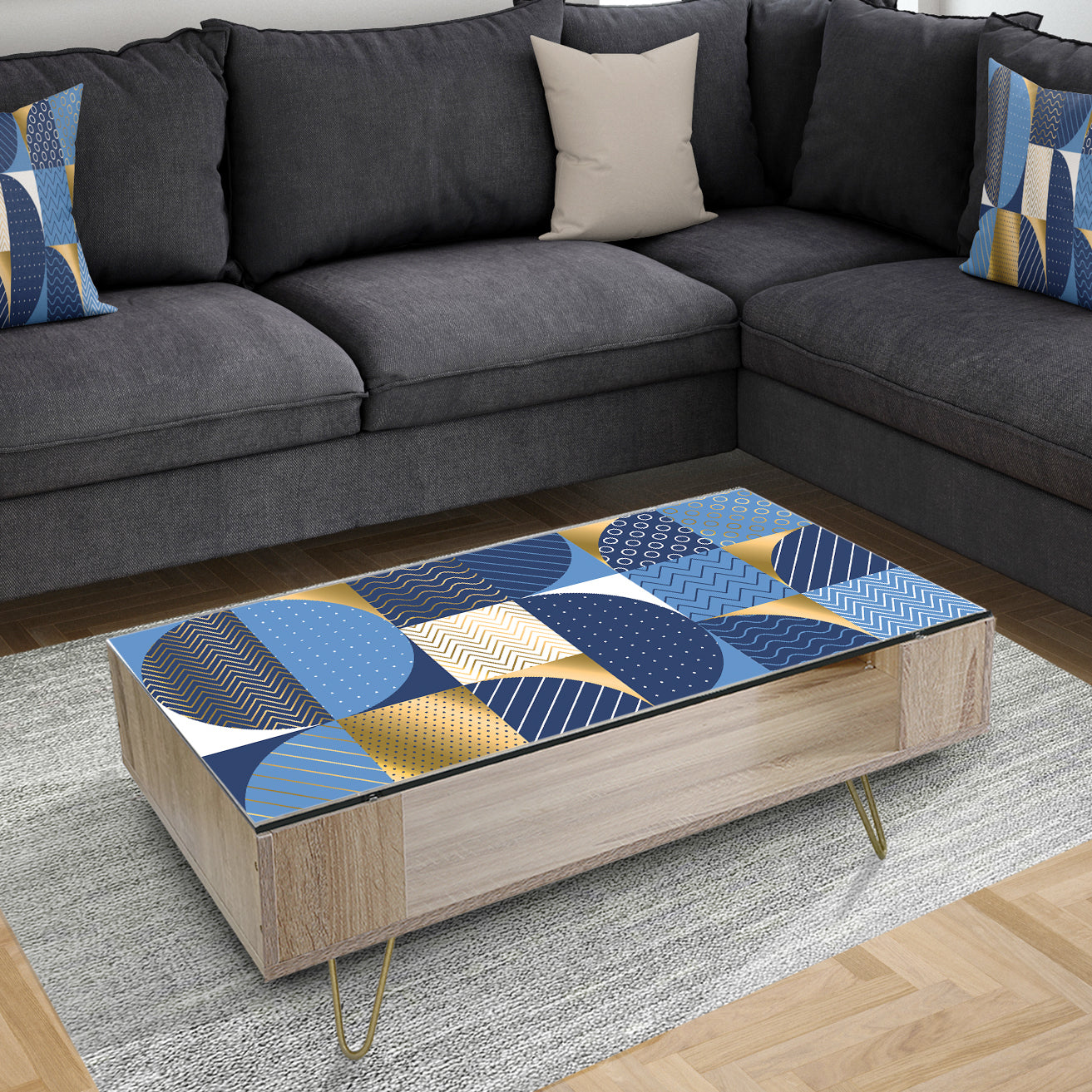 Retro Luxury Waves In Gold and Blue IV - Glam Coffee Table