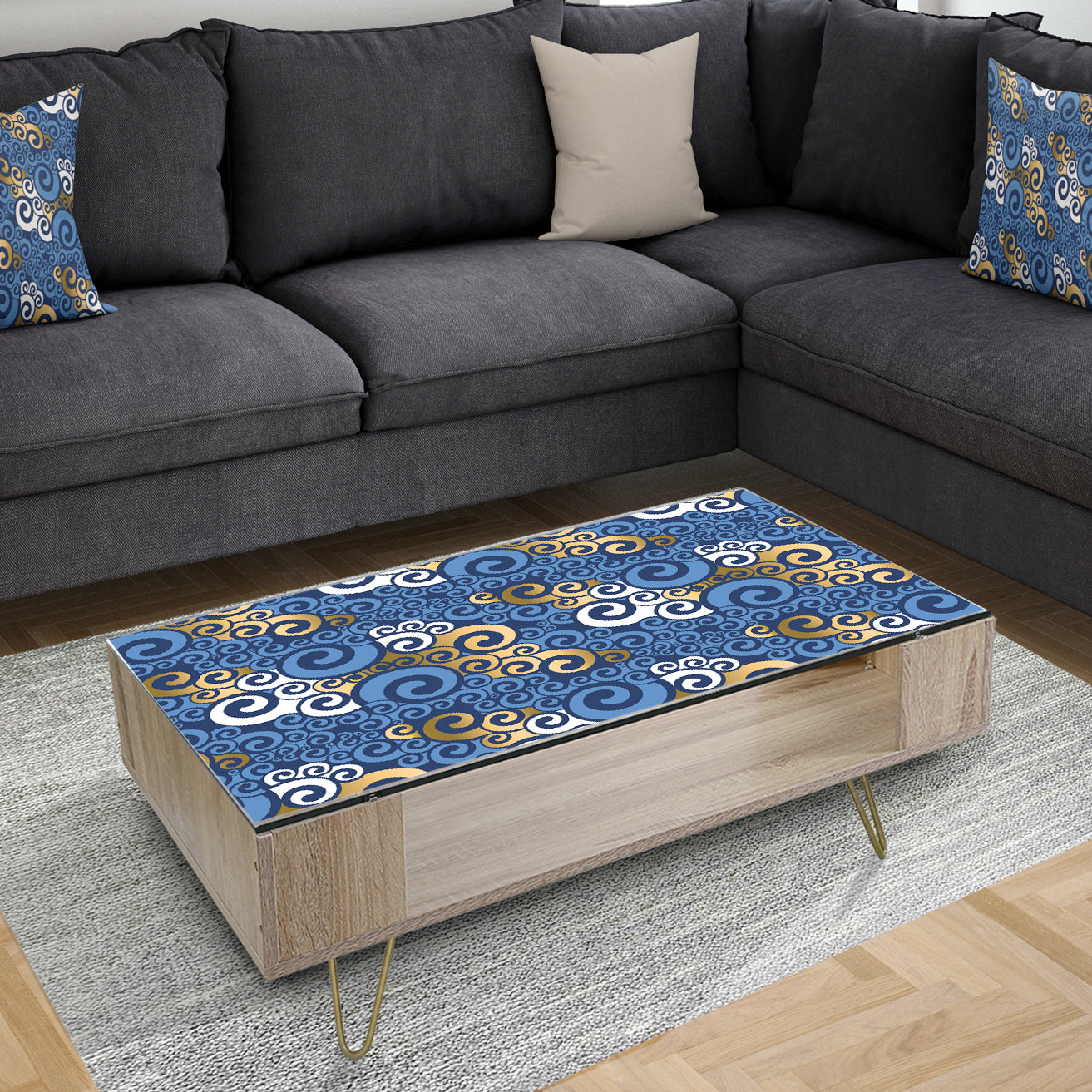 Retro Luxury Waves In Gold and Blue III - Glam Coffee Table