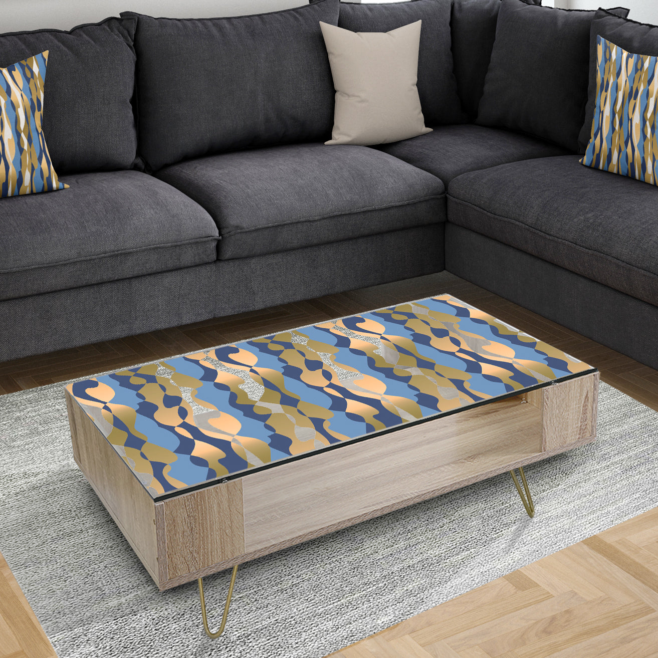 Retro Luxury Waves In Gold and Blue I - Glam Coffee Table
