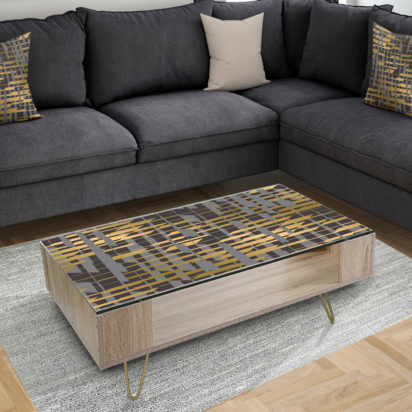 Gold Checkered Pattern I - Glam Coffee Table