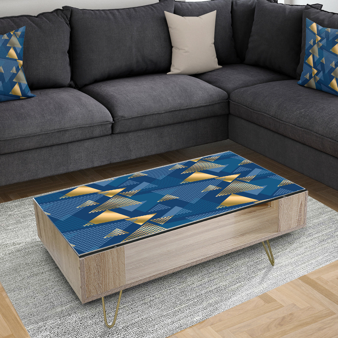 Retro Luxury Waves In Gold and Blue IX - Glam Coffee Table