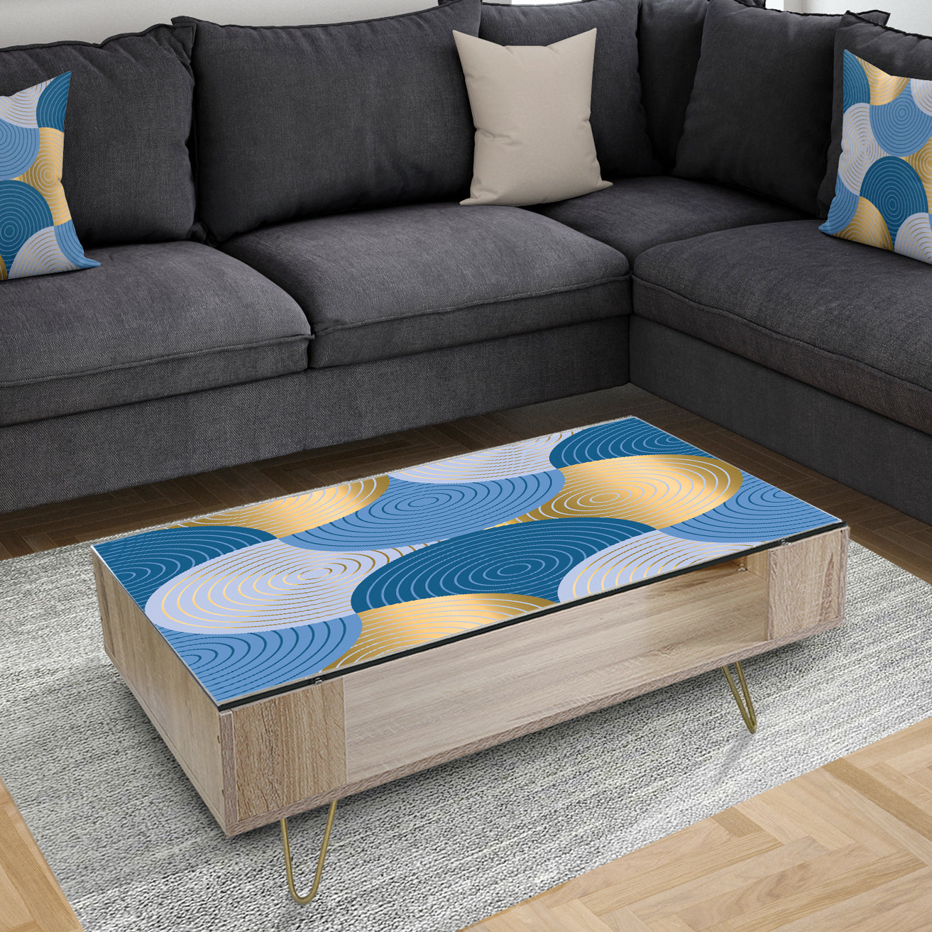 Retro Luxury Waves In Gold and Blue X - Glam Coffee Table