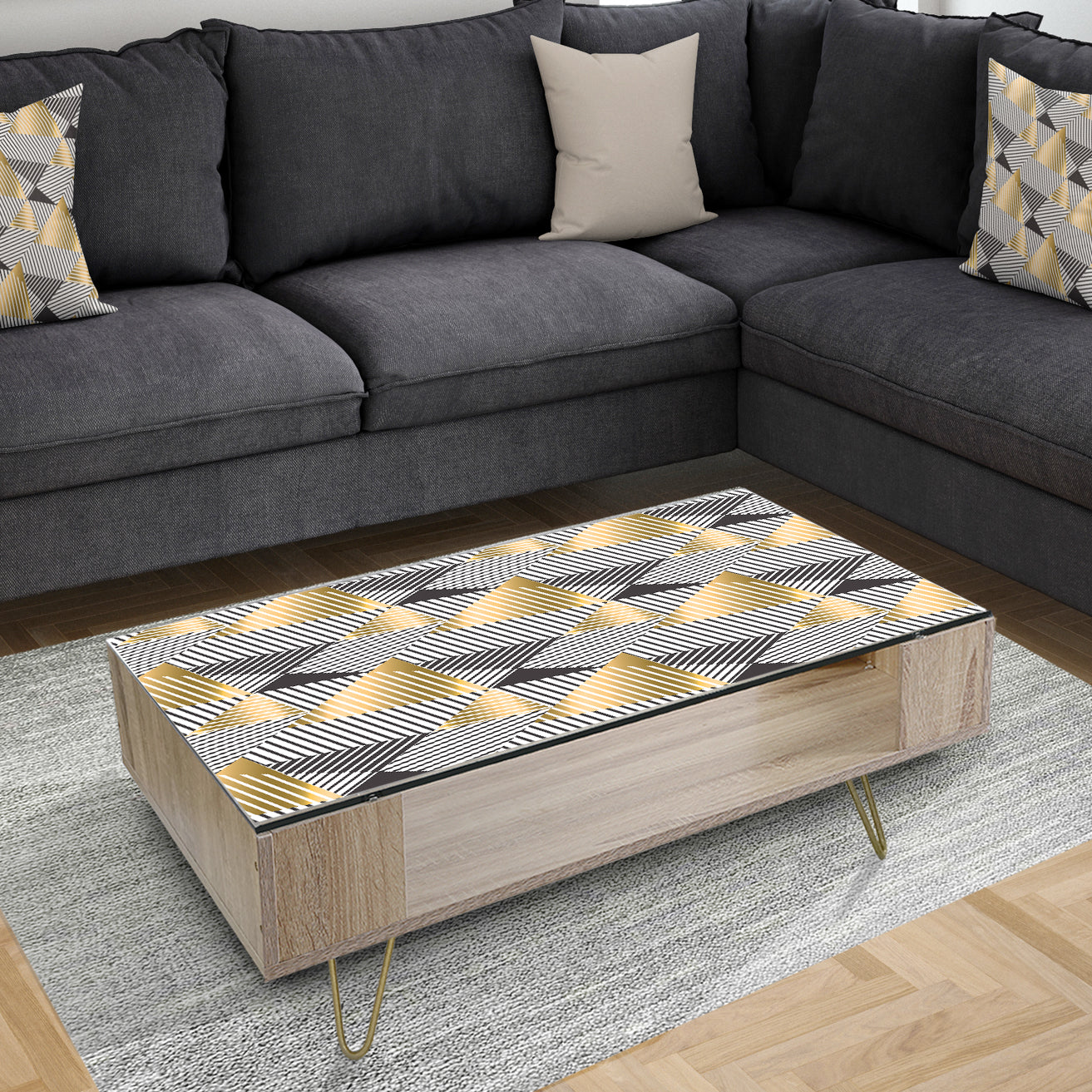 Retro Luxury Waves In Gold and Blue VI - Glam Coffee Table