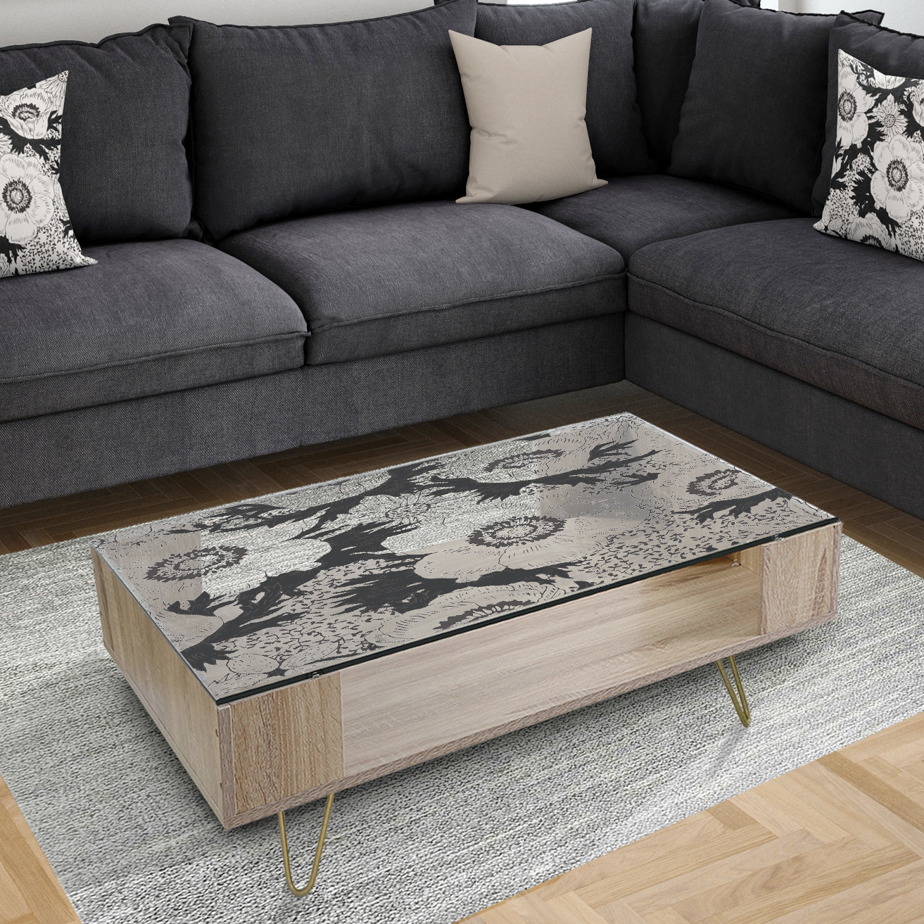 Retro Monochrome Flowers Pattern - Traditional Coffee Table