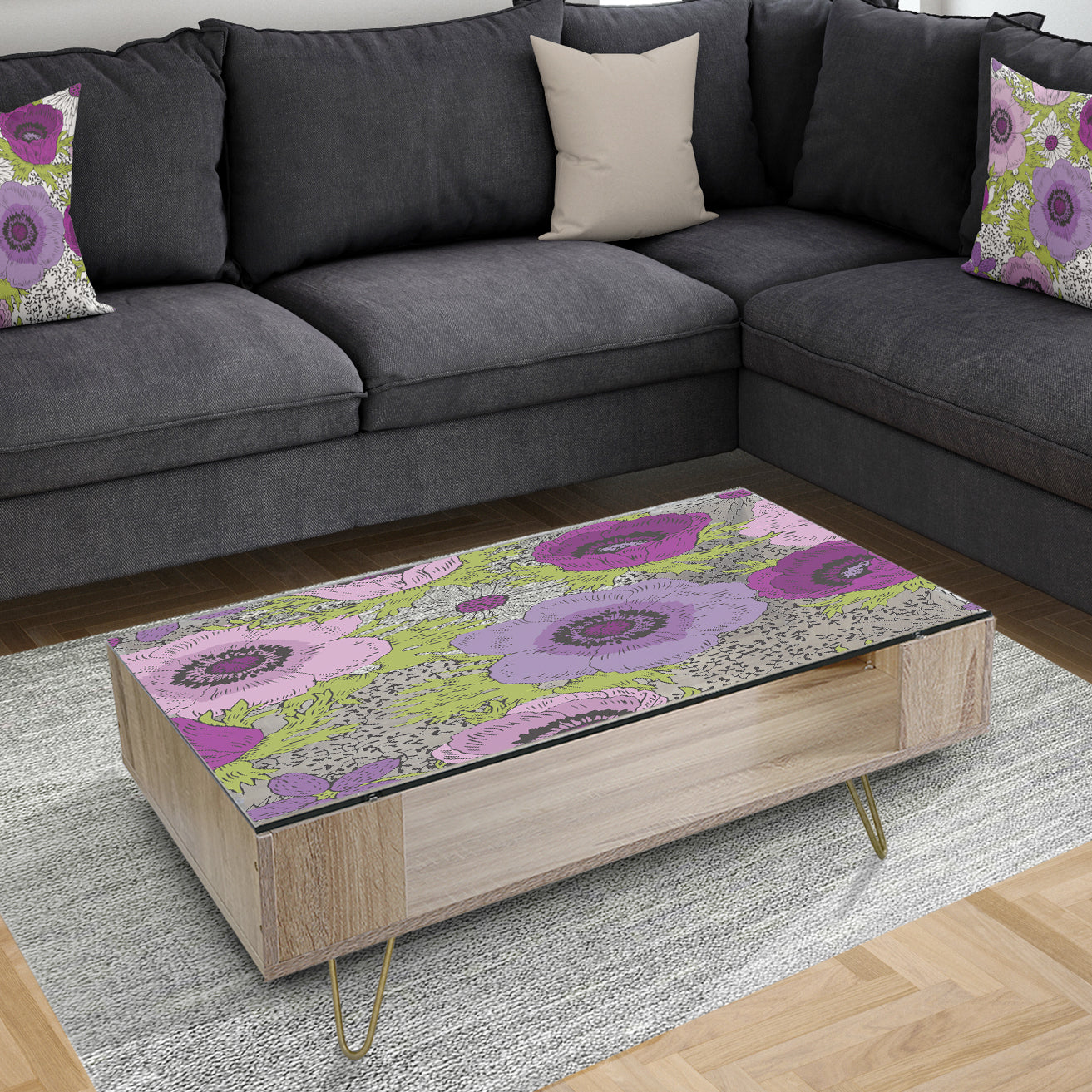 Purple Retro Fantasy Flowers - Traditional Coffee Table
