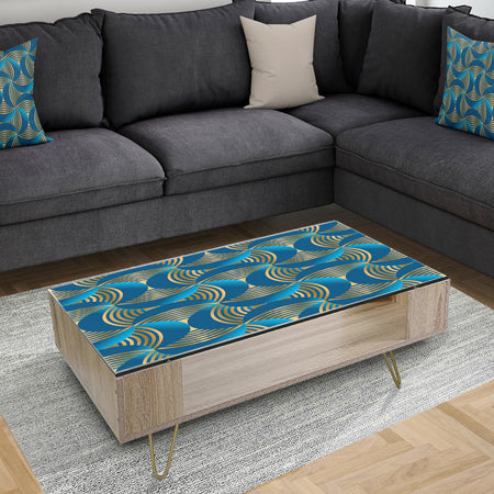 Geometric abstract waves in gold and marine blue - Glam Coffee Table