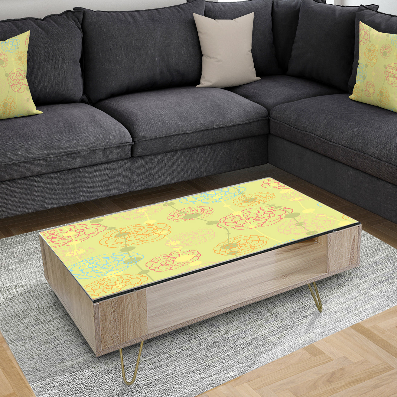 Retro Handdrawn Flowers On Green Background - Glam Coffee Table