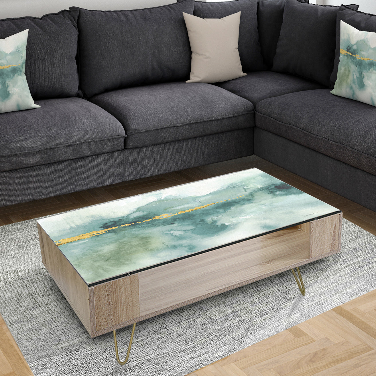 Blue Watercolor Impression with Gold - Traditional Coffee Table