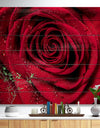 Red Rose Petals with Rain Droplets - Floral Art Print on Natural Pine Wood