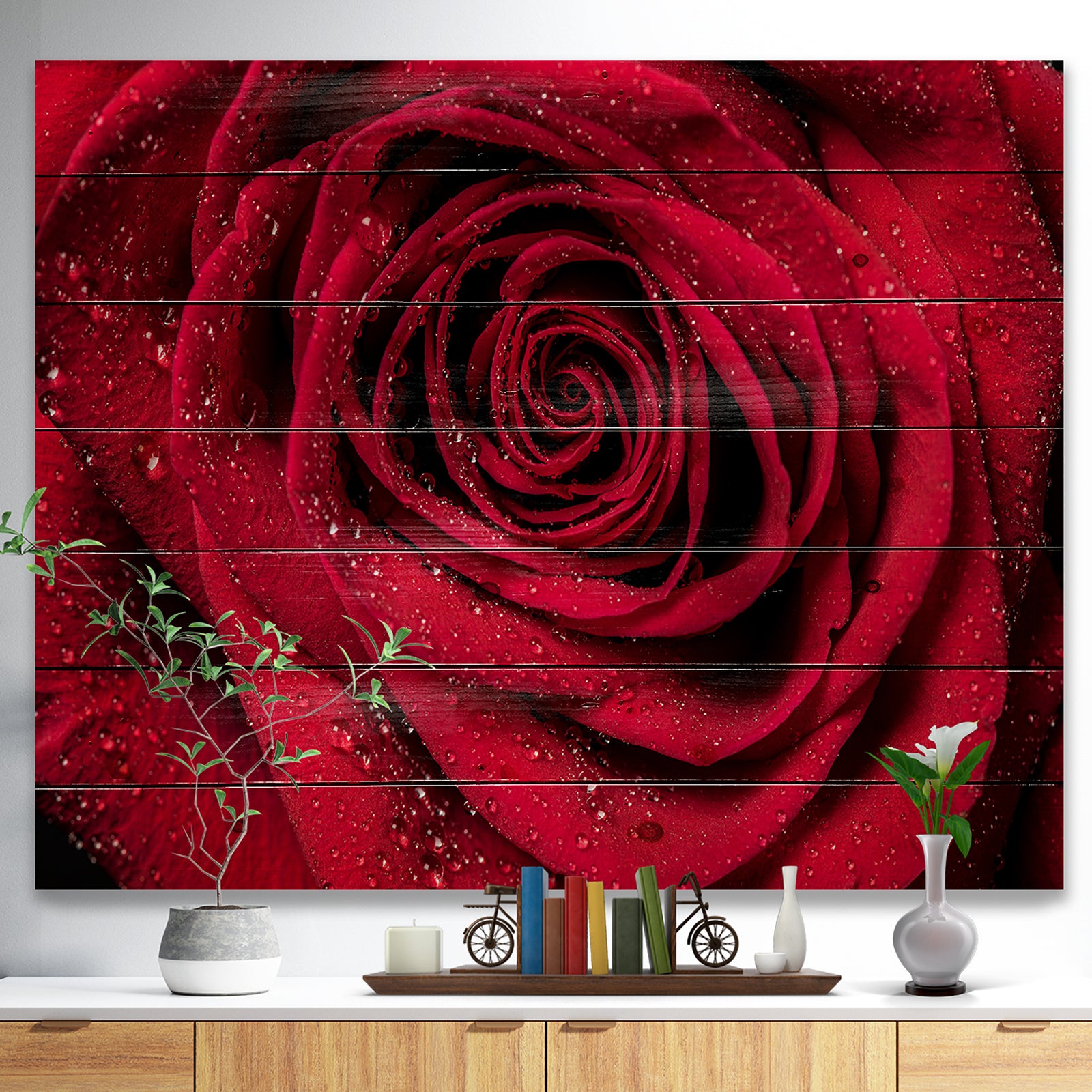 Red Rose Petals with Rain Droplets - Floral Art Print on Natural Pine Wood