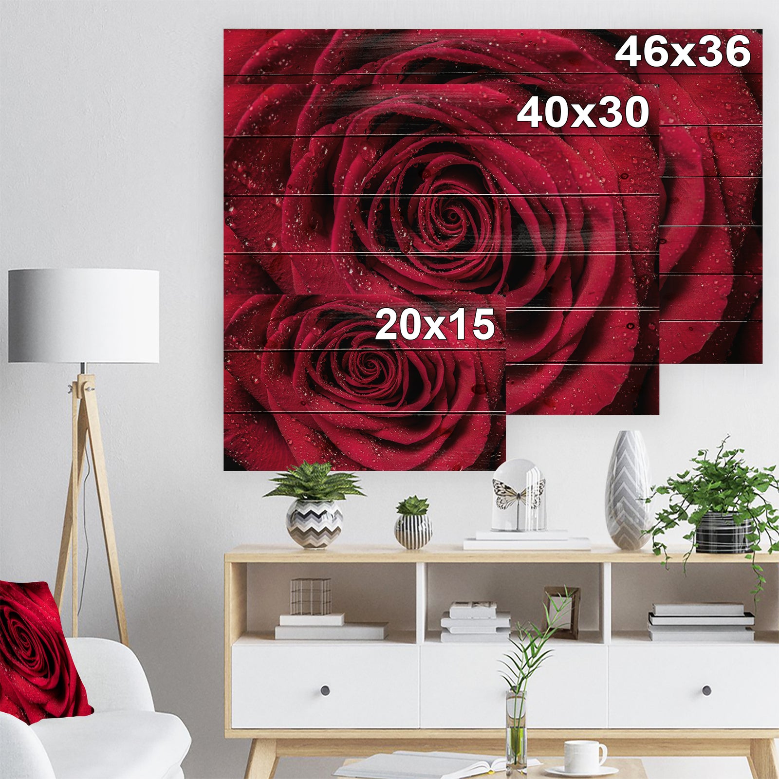 Red Rose Petals with Rain Droplets - Floral Art Print on Natural Pine Wood