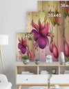 Fuchsia Flowers with Green Leaves - Floral Print on Natural Pine Wood