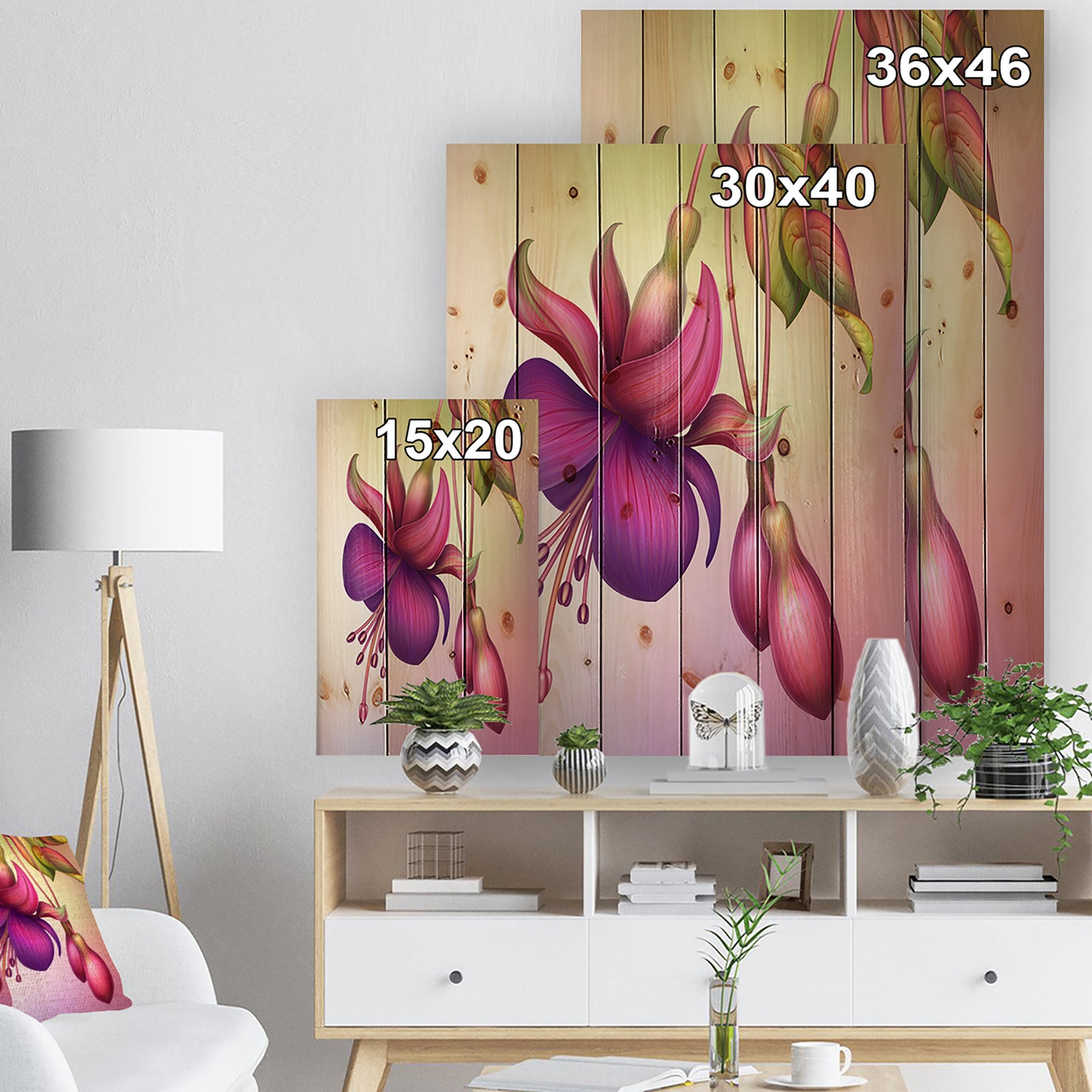 Fuchsia Flowers with Green Leaves - Floral Print on Natural Pine Wood