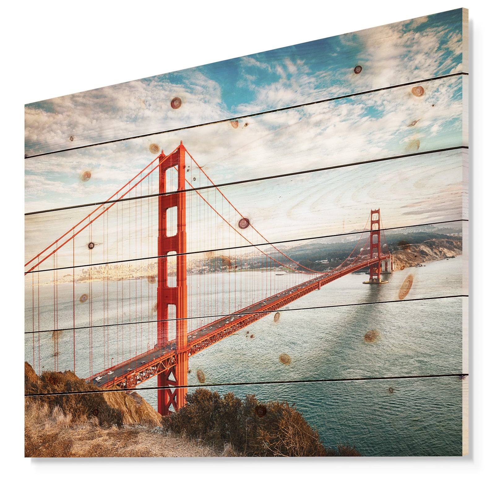 Golden Gate Bridge in San Francisco - Sea Bridge Print on Natural Pine Wood