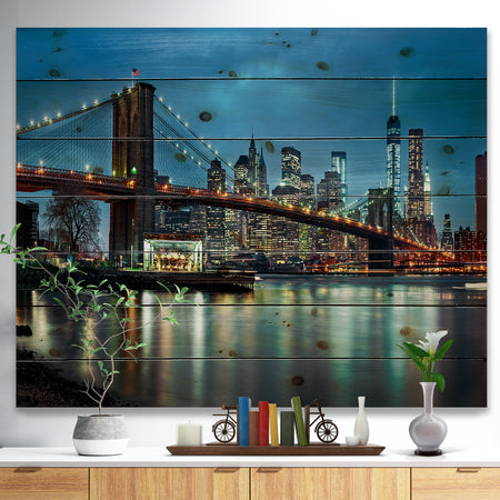 Brooklyn Bridge and Skyscrapers - Cityscape Print on Natural Pine Wood