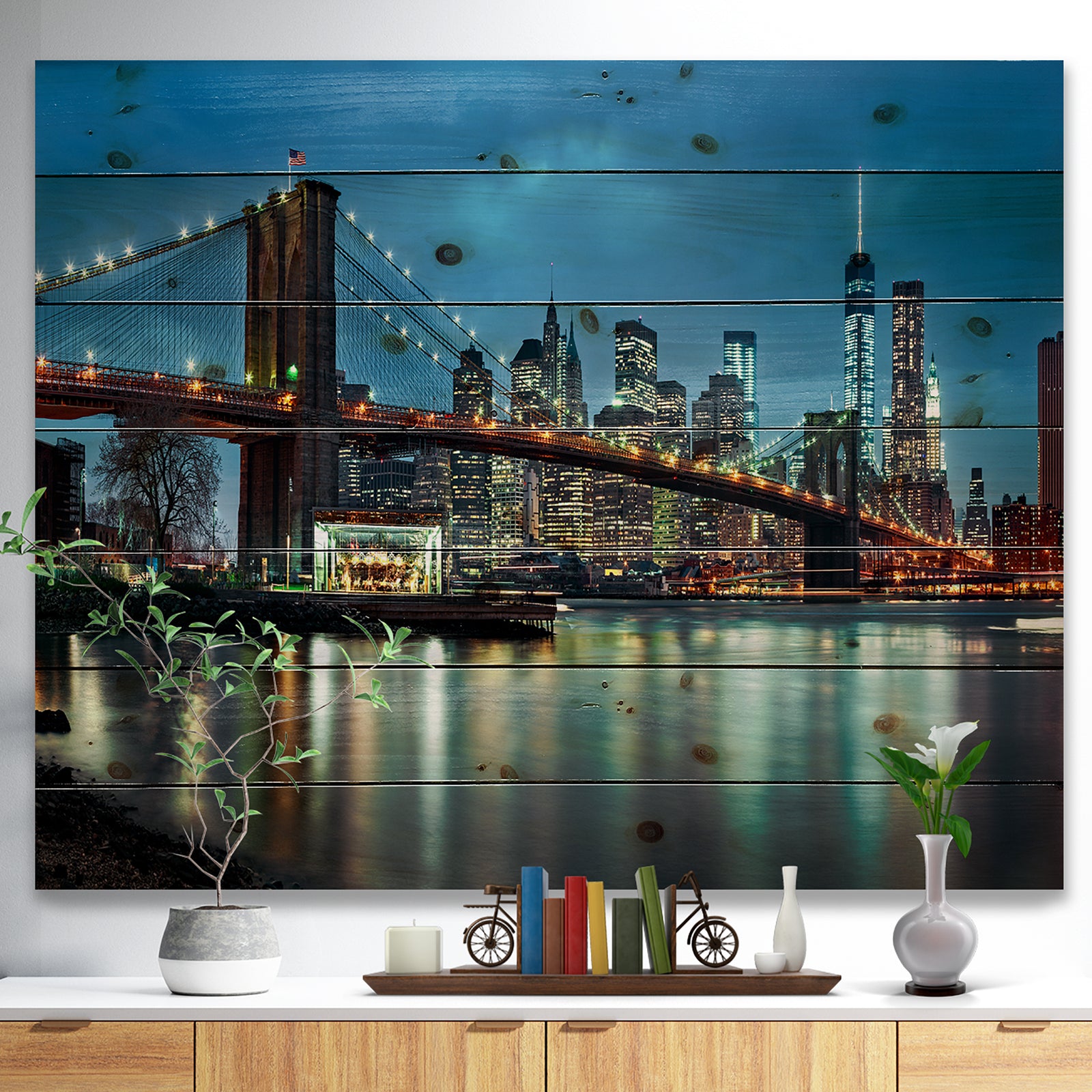Brooklyn Bridge and Skyscrapers - Cityscape Print on Natural Pine Wood