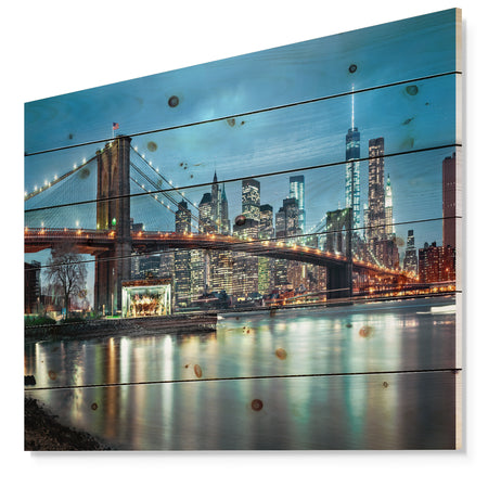 Brooklyn Bridge and Skyscrapers - Cityscape Print on Natural Pine Wood