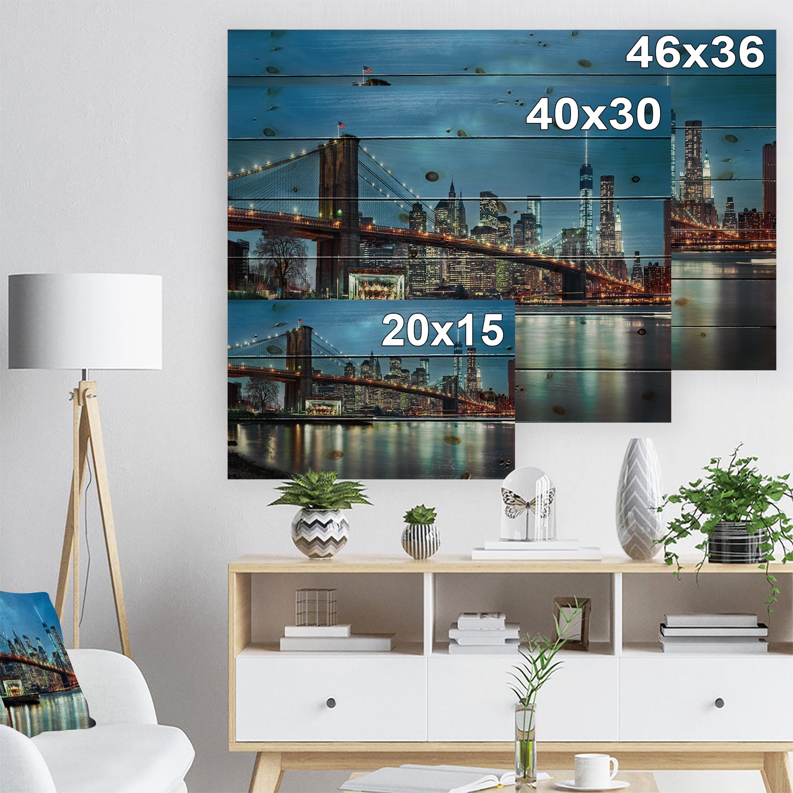 Brooklyn Bridge and Skyscrapers - Cityscape Print on Natural Pine Wood