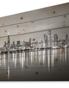 Chicago Skyline at Night Black and White - Cityscape Print on Natural Pine Wood