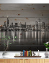 Chicago Skyline at Night Black and White - Cityscape Print on Natural Pine Wood