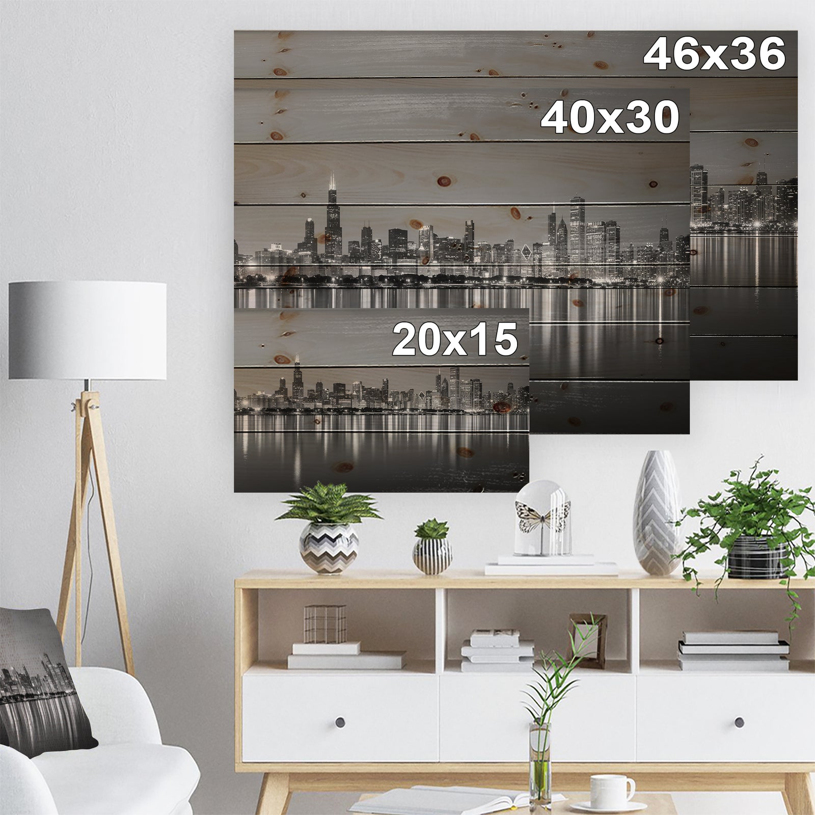 Chicago Skyline at Night Black and White - Cityscape Print on Natural Pine Wood