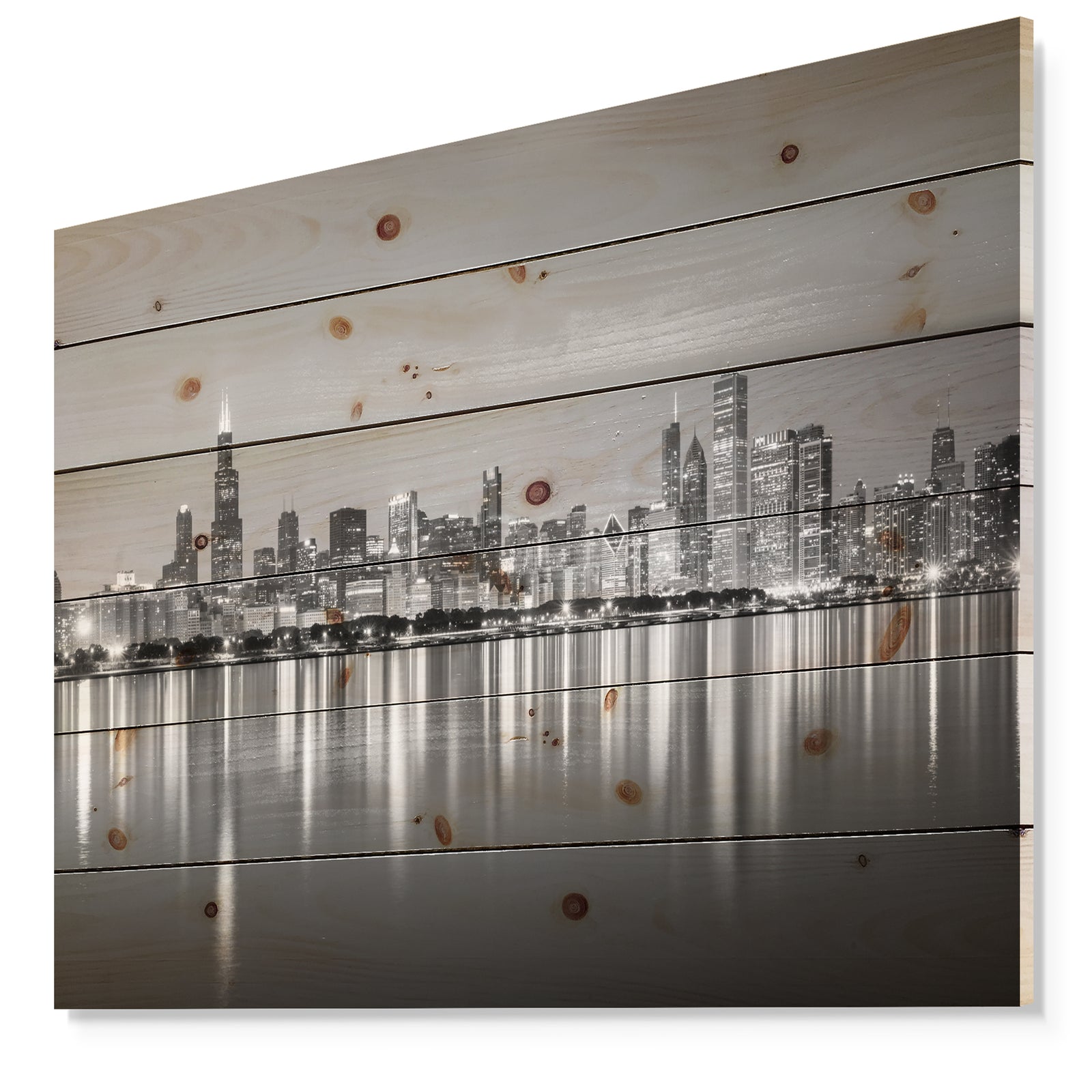 Chicago Skyline at Night Black and White - Cityscape Print on Natural Pine Wood