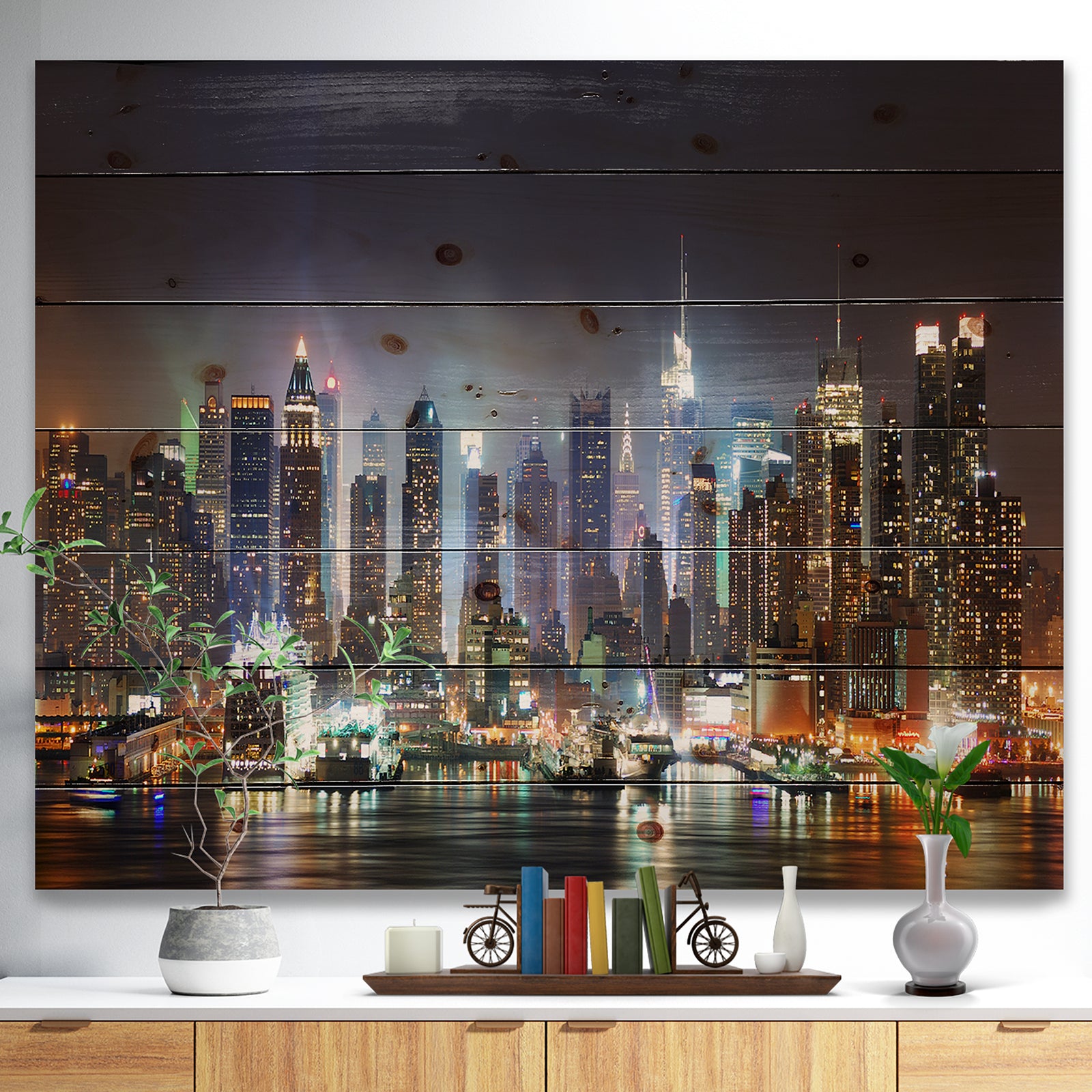 New York Times Square in Blue Light - Cityscape Print on Natural Pine Wood