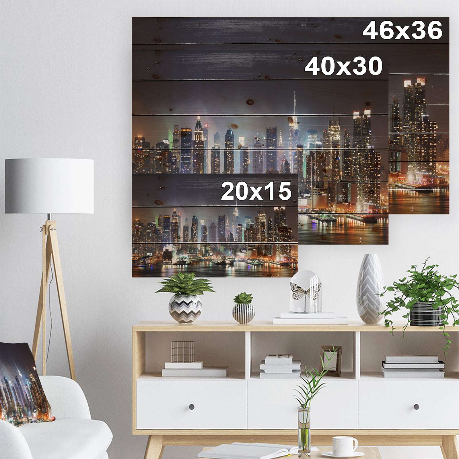 New York Times Square in Blue Light - Cityscape Print on Natural Pine Wood