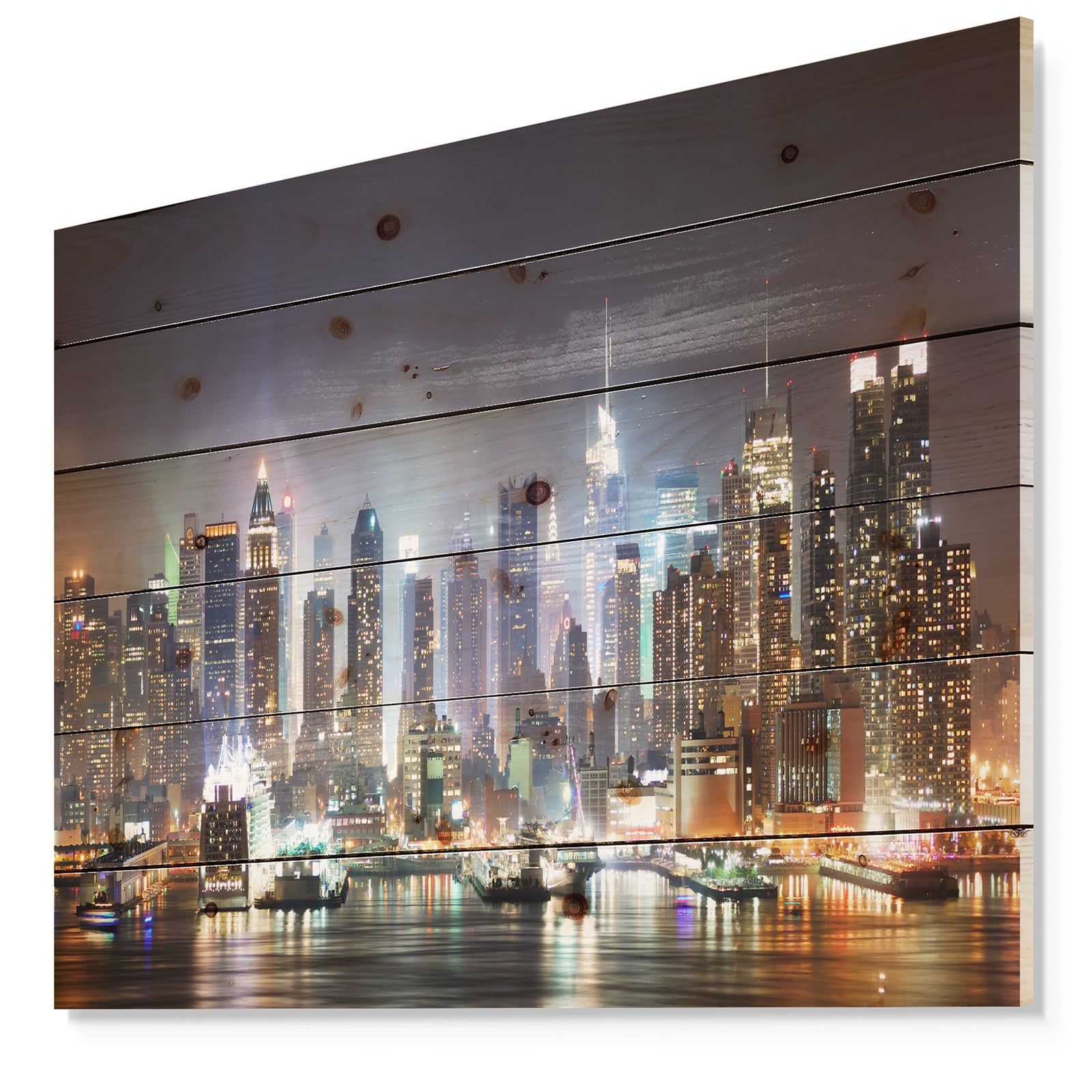 New York Times Square in Blue Light - Cityscape Print on Natural Pine Wood