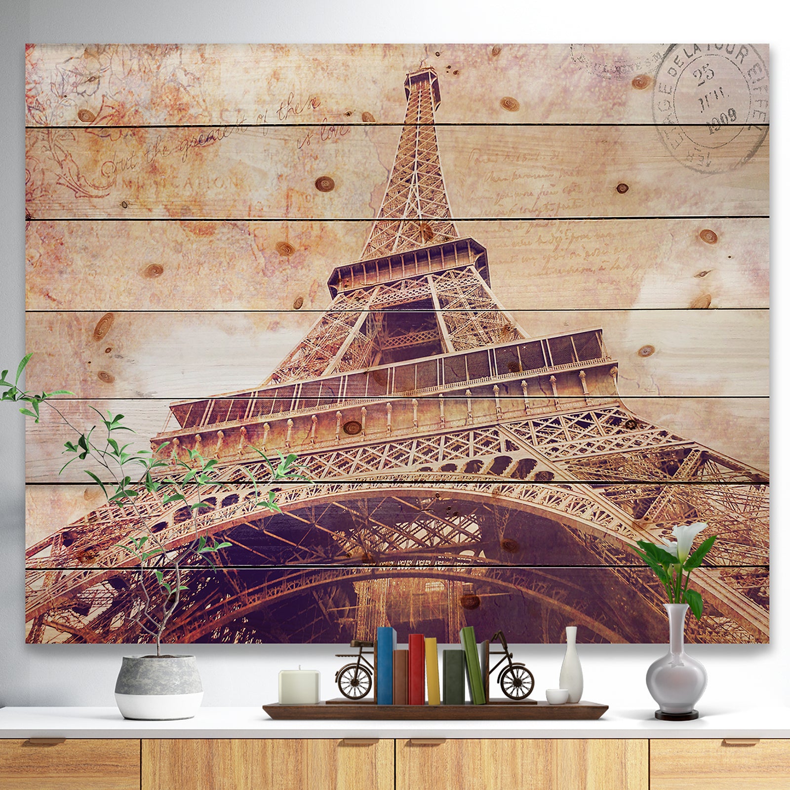 Paris Paris Eiffel TowerParis Postcard Design - Cityscape Print on Natural Pine Wood