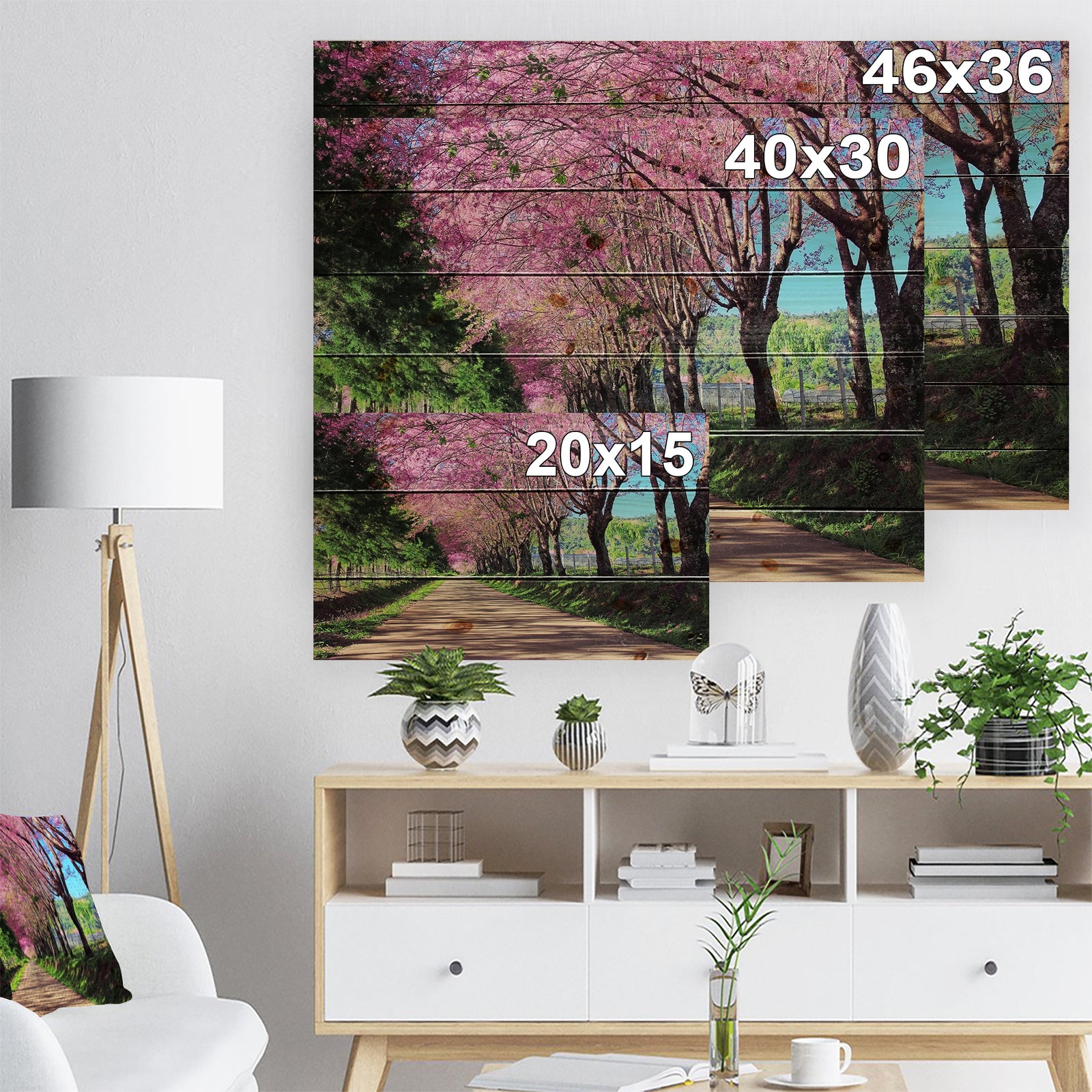 Cherry Blossom Pathway in Chiang Mai - Landscape Print on Natural Pine Wood